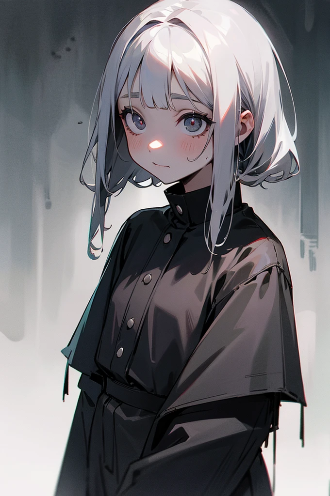 A spooky night，A poor girl with sparse gray hair，,The face was full of horror，cute little，Standing helplessly in place，The background is outdoors
