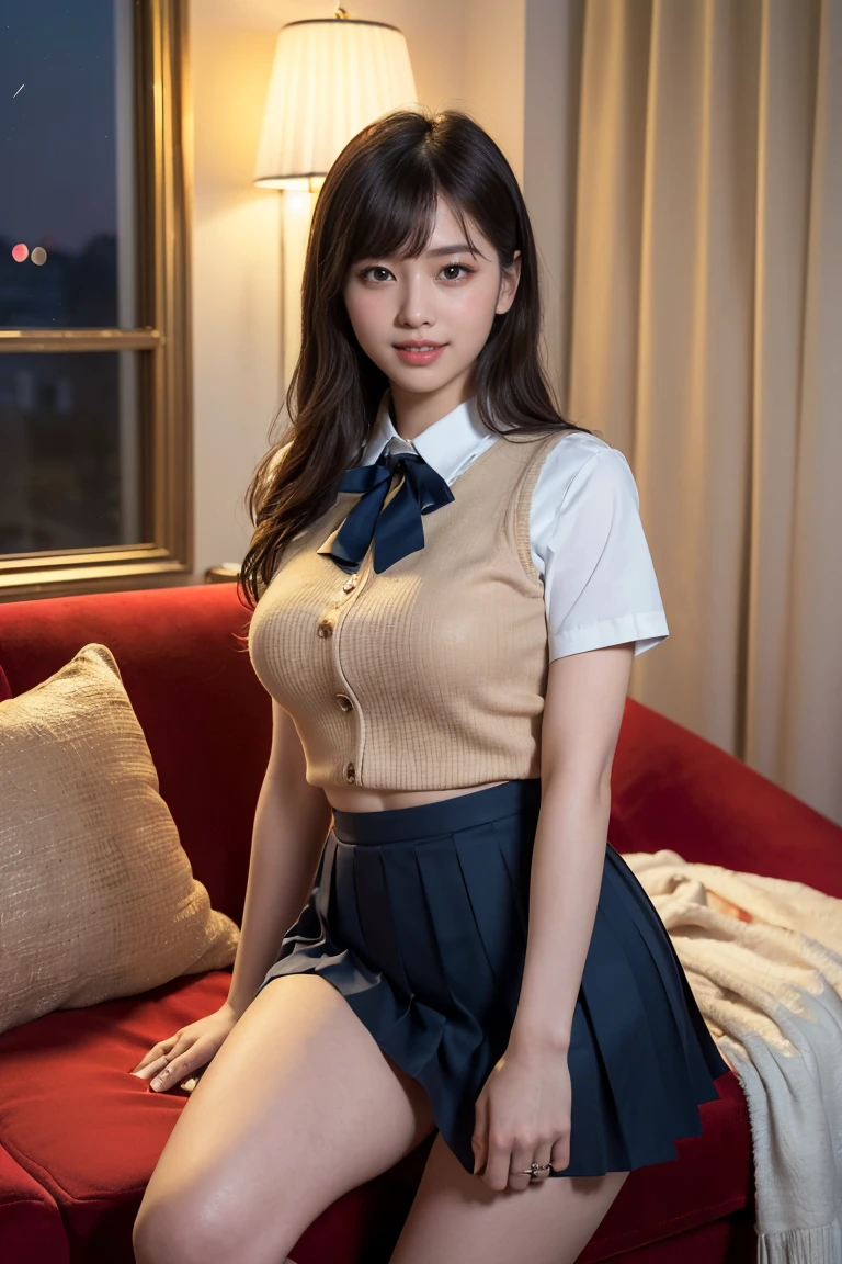 (((neat woman,Bright excited eyes,bright smile,blush,blush,red cheeks,please touch me,attractive viewer,I want you))),(all four legs, four legs, higher hips),((( (blushing, red cheeks)))),(cinematic lighting), (Photorealistic:1.4)、(Surrealistic:1.4)、(Photorealistic:1.3) 、(soft lighting: 1.05)、(Improve the lighting quality of your video: 0.9), 32k, 25 year old woman, realistic lighting, background lighting, face lights, ray traces, (light:1.2), (Quality gain:1.4), (best quality real textured skin), beautiful eyes, delicate face 、 Close-up of face, ((Wearing a white collared shirt ,navy vest skirt uniform,(no printed navy blue pleated skirt),high heels),(Improve body mood:1.1)、Glossy skin、Korean idol、Nogizaka Idol, good figure , perfect anatomy,Beautiful actress,(((beautiful big breasts, slim waist, slim hips, long slim legs, 8 heads tall))),(((8 heads tall))),(((hair gold ripples, curtain bangs))),(((sitting on a beautiful modern sofa, super clean night view, in the night))), (Please open your legs and show me your crotch.)