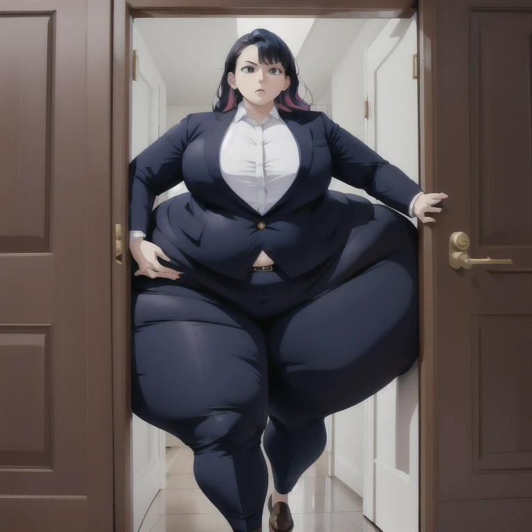 masterpiece, 1girl behind a doorway, from front, (doorstuck, stuckfront:1.3), huge hips, round belly, thick thighs, colorful clothing, wearing suit and tie and formal pants, upset, trying to wiggle through