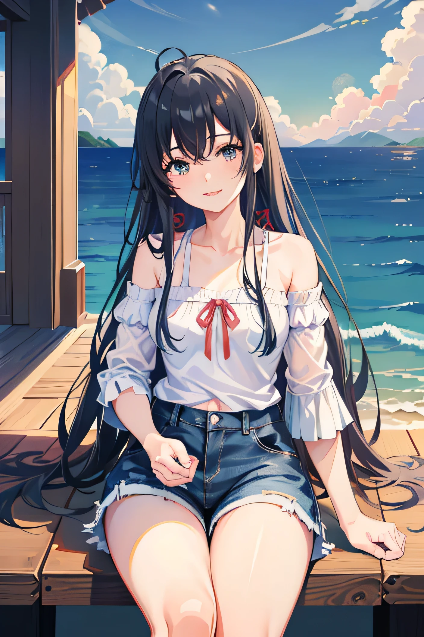 Best masterpiece, anime coloring, ultra-detail, 8k、((Sitting on the open corridor))、summer, morning, sun、White off-shoulder jeans with shorts、from below、looking down、smile