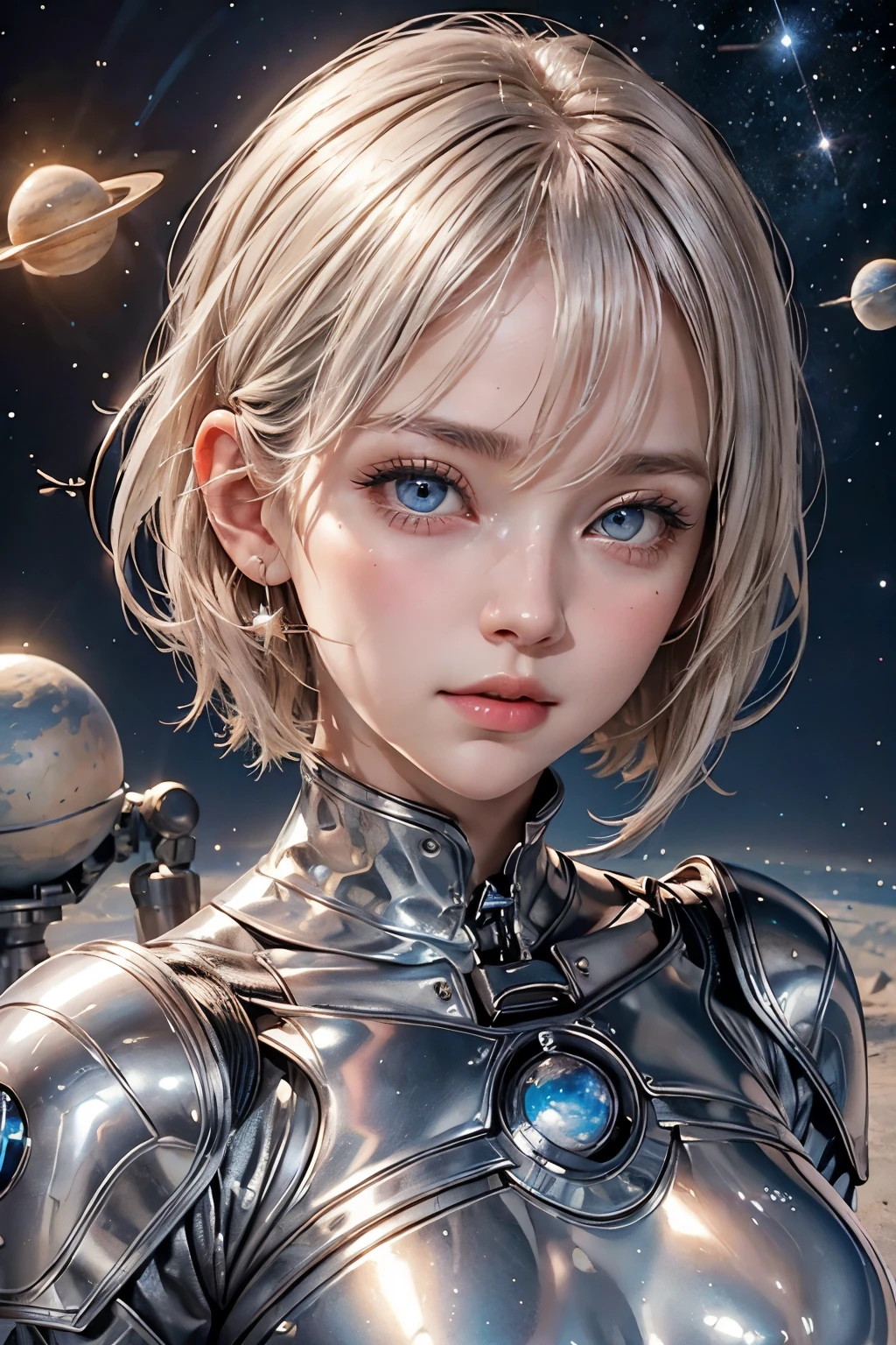 A beautiful woman. cute woman. Blonde, blue-eyed, short hair. Beautiful double eyes. The bridge of my nose. Well-shaped lips. eighteen. She is looking at the camera with a defiant expression. She wears beautiful silver-white armor. Behind her is an image of outer space and a string of planets.