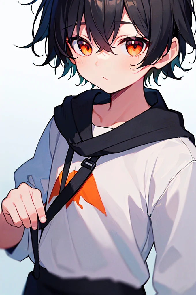 [(WHITE BACKGROUND:1.5),::5], ((((masterpiece)))), high quality, very_high_resolution, large_filesize, full color, solo, ((( boy))), 13 oldt Black hair, vivid color, orange eye, Summer clothes, anime, ((upper body))