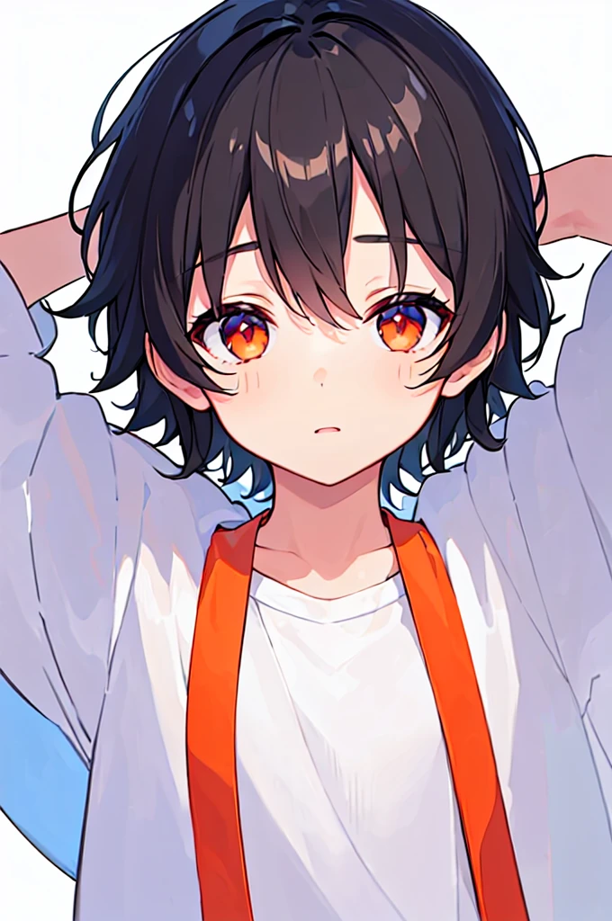 [(WHITE BACKGROUND:1.5),::5], ((((masterpiece)))), high quality, very_high_resolution, large_filesize, full color, solo, (((little boy))), 13 old year, short Black hair, vivid color, orange eye, Summer clothes, anime, ((upper body))