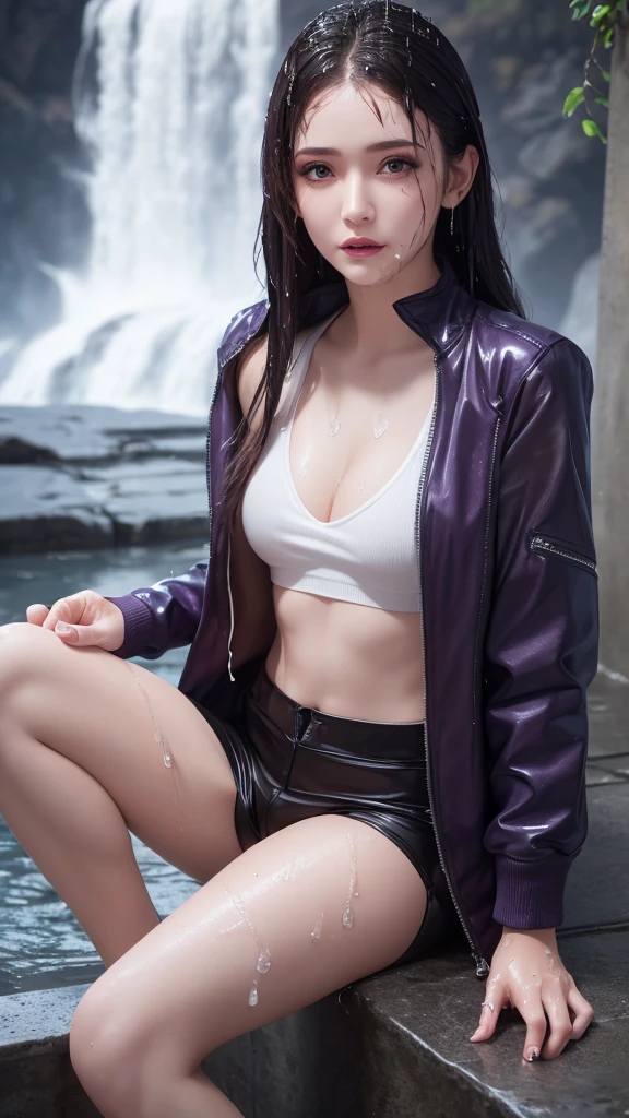 8k, masterpiece, 1 girl, beautiful face, very long hair, light makeup, (wet skin:1.3), detailed eyes, detailed lips, small bust, short jacket, wet purple vest, ((plain mini skirt)), ((under pants)), ((bare thigh)), straps clothing, (water falling:1.4), steam effect, water vapour,