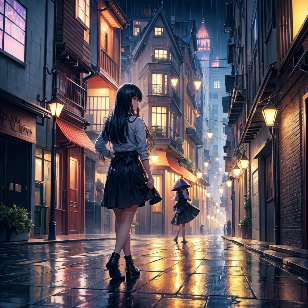 Generate an image of the most beautiful streets that you can, make it look very beautiful, make it more detailed and beautiful, add the best lighting that you can, make it very beautiful and well lit, make it rainy and beautiful lighting, make it very rainy and make the image of streets 
