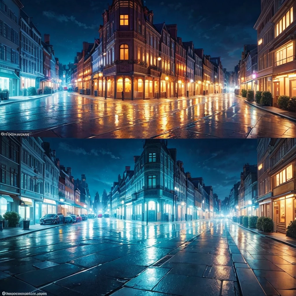 Generate an image of the most beautiful streets that you can, make it look very beautiful, make it more detailed and beautiful, add the best lighting that you can, make it very beautiful and well lit, make it rainy and beautiful lighting, make it very rainy and make the image of streets 