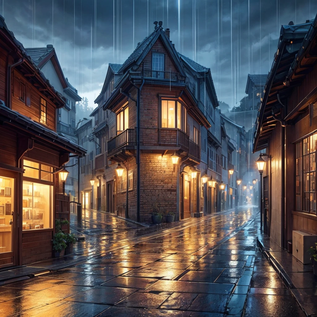 Generate an image of the most beautiful streets that you can, make it look very beautiful, make it more detailed and beautiful, add the best lighting that you can, make it very beautiful and well lit, make it rainy and beautiful lighting, make it very rainy and make the image of streets 