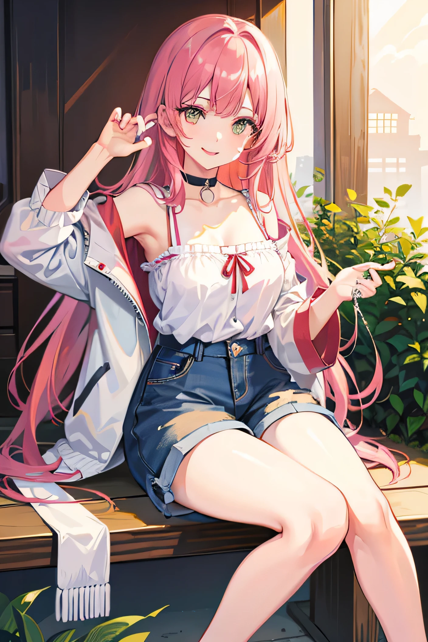 Best masterpiece, anime coloring, ultra-detail, 8k、((Sitting on the open corridor))、summer, morning, sun、White off-shoulder jeans with shorts、from below、looking down、smile