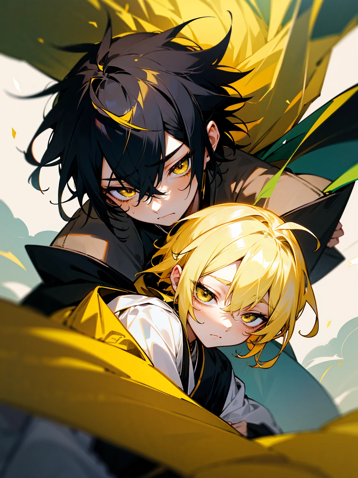 1male, black and yellow hair, two toned hair, young, yukata, lightning haori, sleepy expression gold eyes, forest