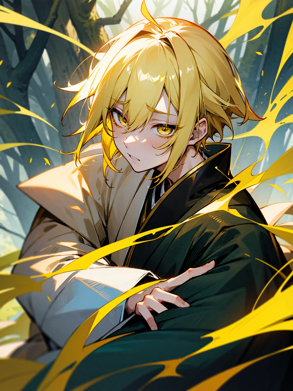 1male, black and yellow hair, two toned hair, young, yukata, lightning haori, sleepy expression gold eyes, forest