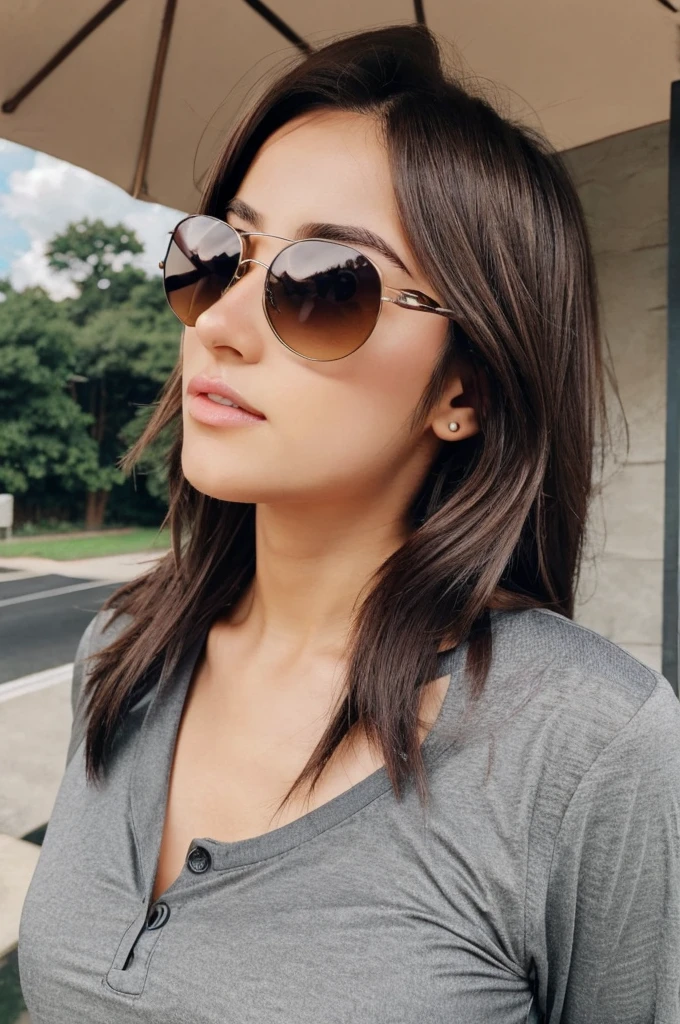 Anime girl with gray shirt, long brown hair and sunglasses