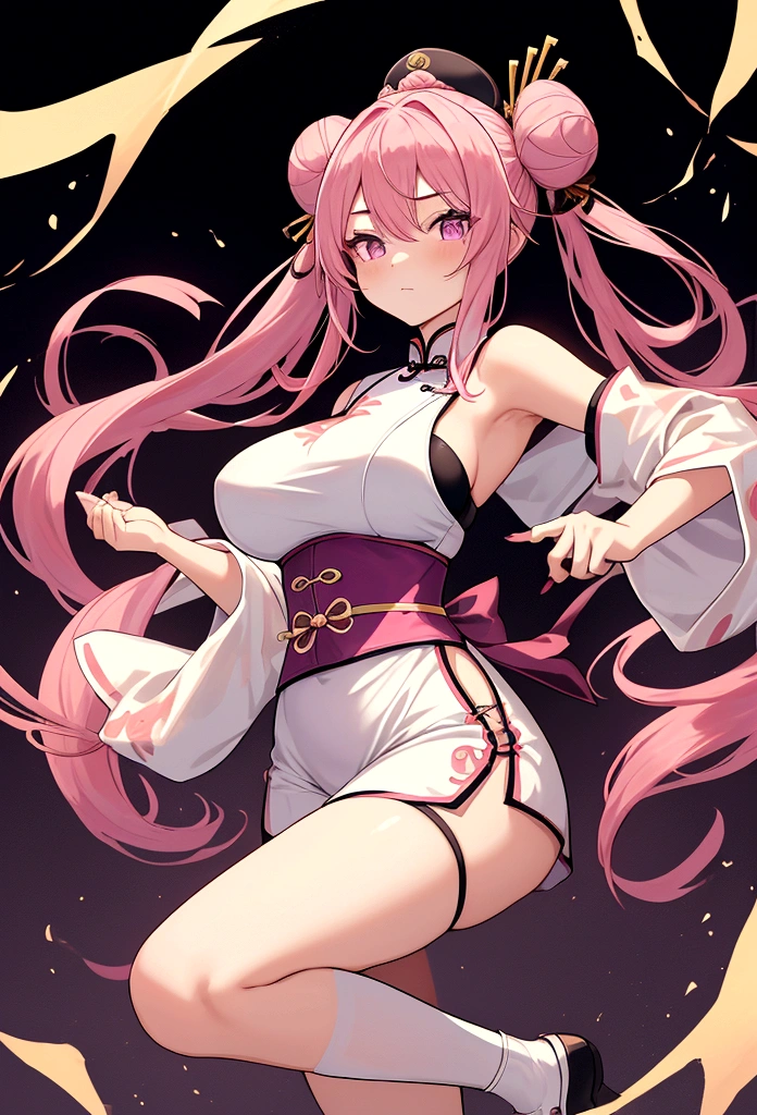 Huge 17 years old chinese martial artist girl.long pink hair in hime-cut style, which she ties in Chinese-style twin-buns using black ribbons. Her eyes are a shade of pink-purple.fair-complexion and has a hourglass figure with moderate bust-size. sleeveless-strapless white cheongsam with short-pants like bottom with split-sides that reaches high-thigh length. thigh-high white socks on her right-leg held by a white strap, while a short white shocks on her left-leg, with black cloth shoes tied around her ankle