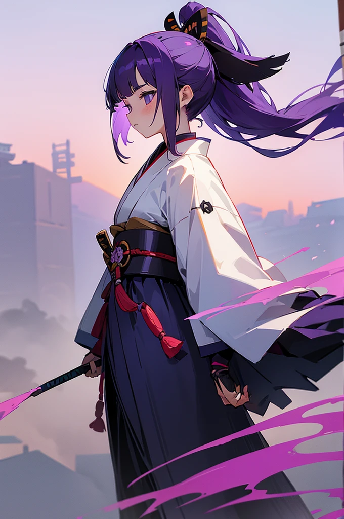 Teen , Female, samurai Clothing, Standing pose, Town background, Purple hair