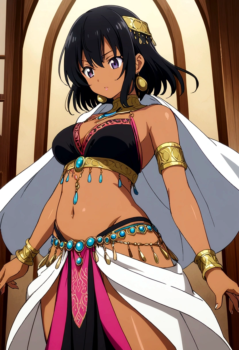 woman, anime, belly dance clothes, long black hair, tan skin, dark eyes