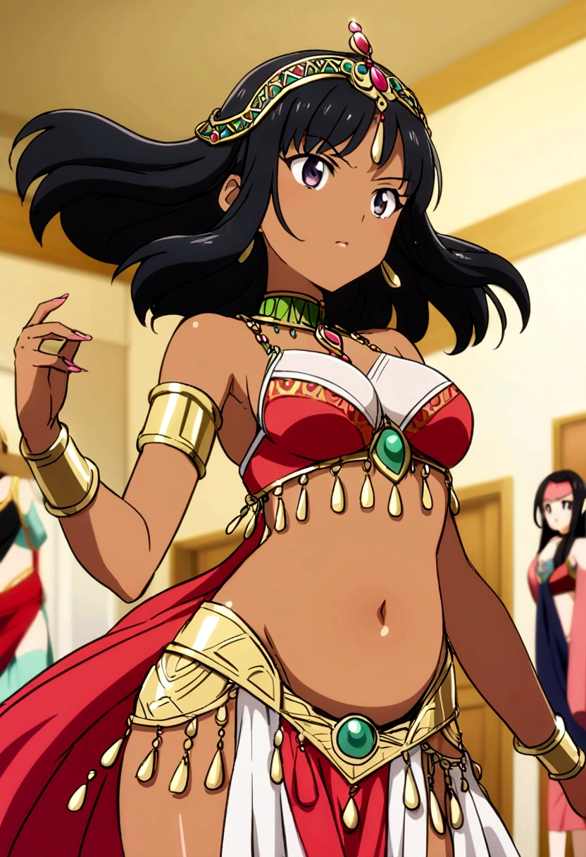 woman, anime, belly dance clothes, long black hair, tan skin, dark eyes