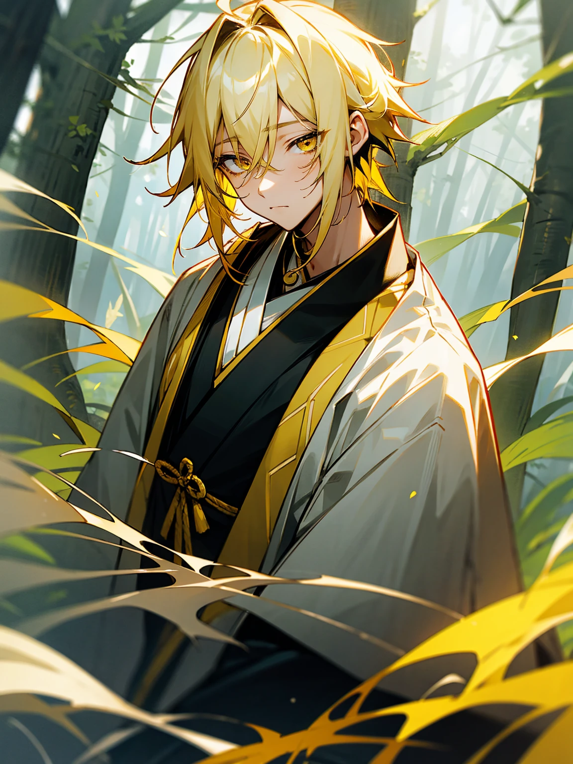 1male, black and yellow hair, two toned hair, young, yukata, lightning haori, sleepy expression gold eyes, forest