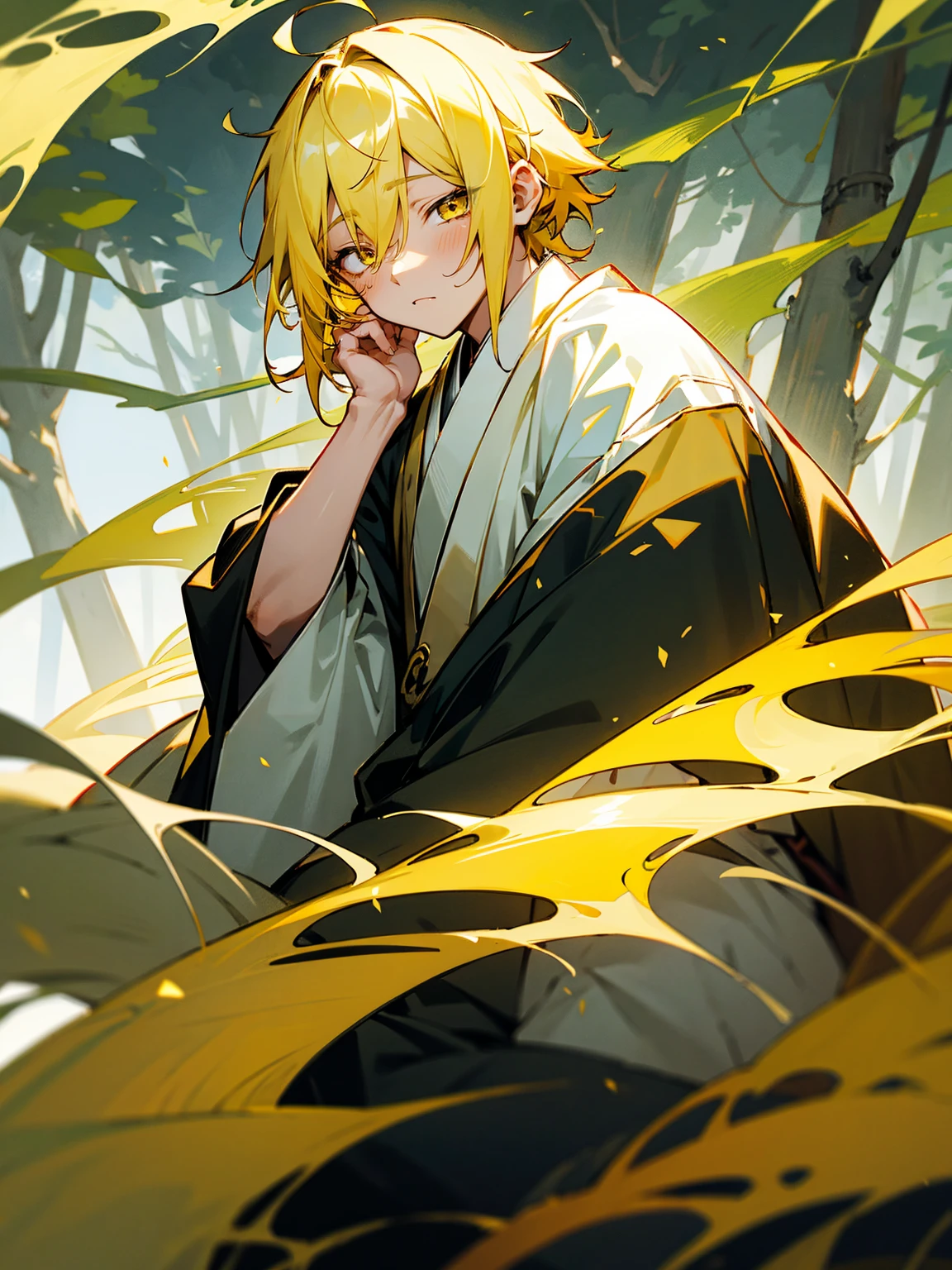 1male, black and yellow hair, two toned hair, young, yukata, lightning haori, sleepy expression gold eyes, forest