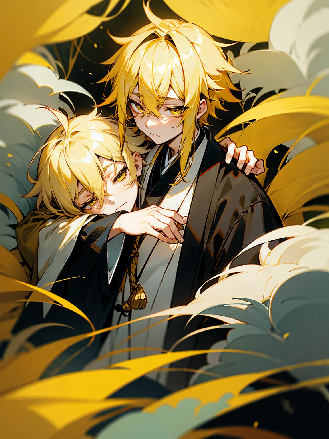 1male, black and yellow hair, two toned hair, young, yukata, lightning haori, sleepy expression gold eyes, forest