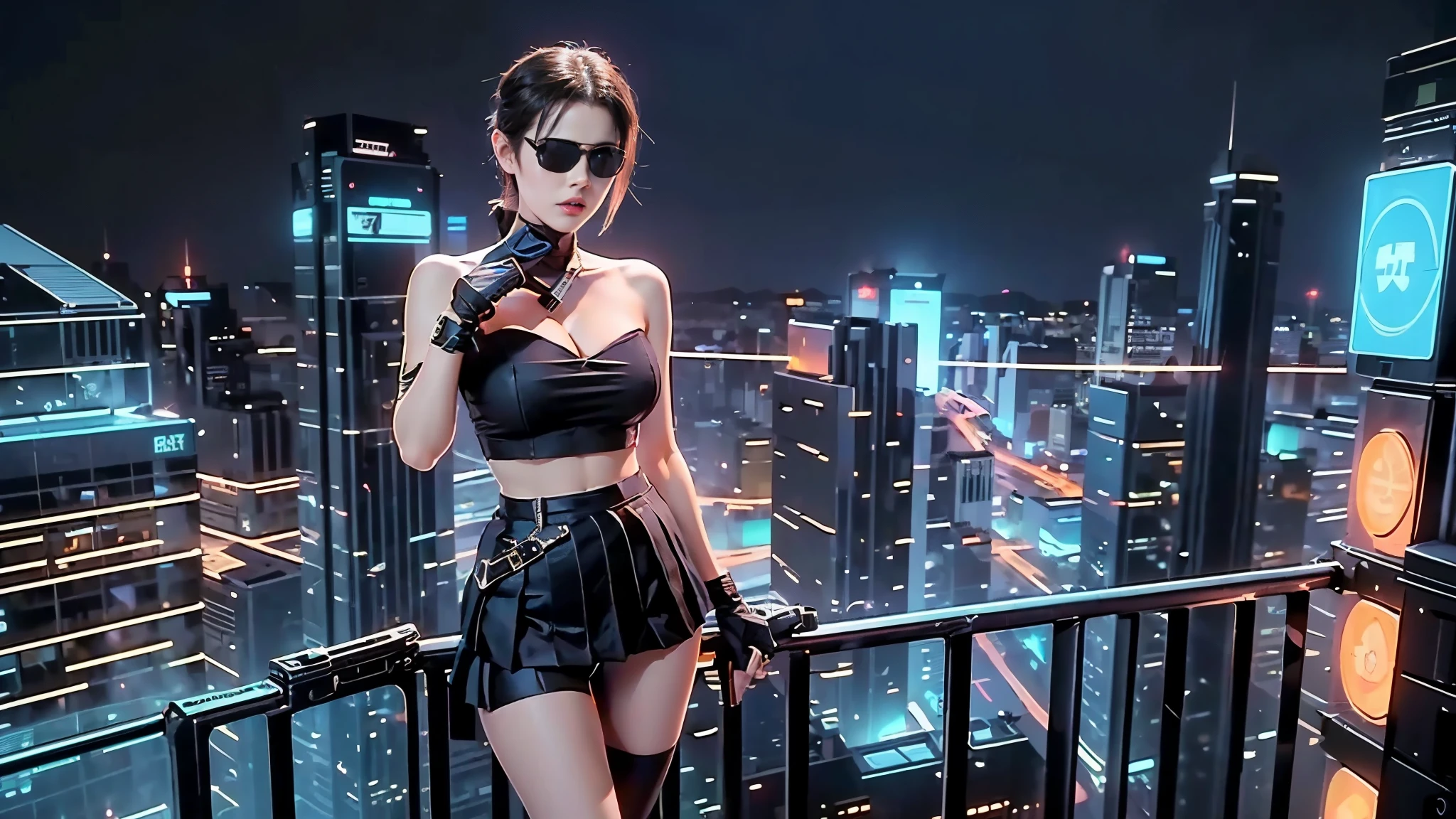 at night, futuristic sci-fi cyberpunk city, broad viaduct, skyscrapers at the end of the viaduct, the movie "13th Floor" style, hq. Matrix style, at night, (1girl, solo), photo realistic, (large-breast:1.3 slim body, cleavage:1.3), (((tube top, extreamly short pleated (((miniskirt))) exposing panty))), (((((matrix style black sunglasses))))), (((((aiming at camera with a (pistol)))))), (((half-body (thigh level) medium shot))), (cinematic lighting).