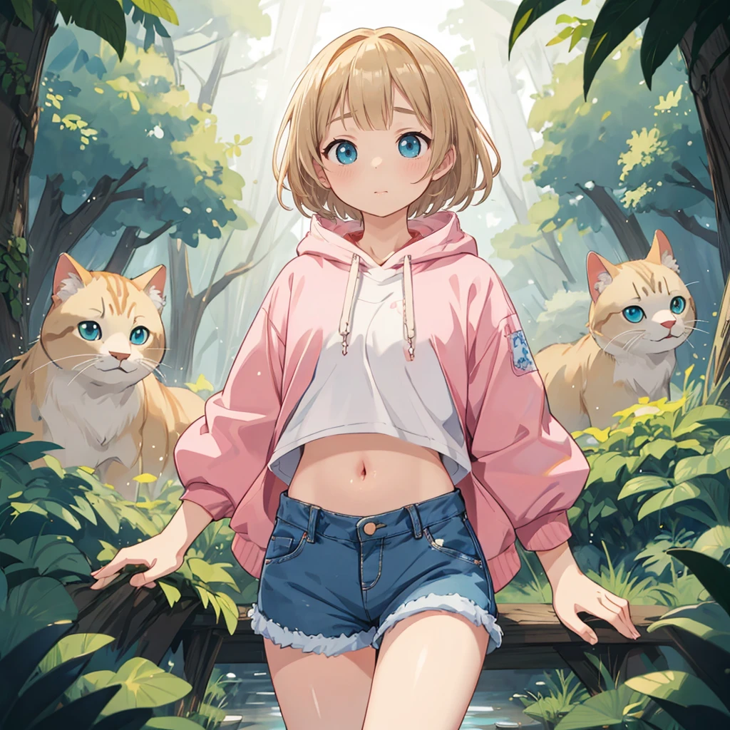 ファンタジーアート 8K,
Plain pink hoodie、afternoon, Highest quality, Trending on Art Station,Wolf Woman,White hairy,blue eyes,Looking into the camera,Quadrupedal,Calm,quiet,Highest quality, masterpiece, Ultra-high resolution, Forest in the background, 8K, (Light and shadow effects), (Depth of Field Effect).Blonde Hair、Short Hair、Pink hoodie、Denim shorts、Cat-eared girl、Turquoise Eyes、Dynamic composition、Belly button