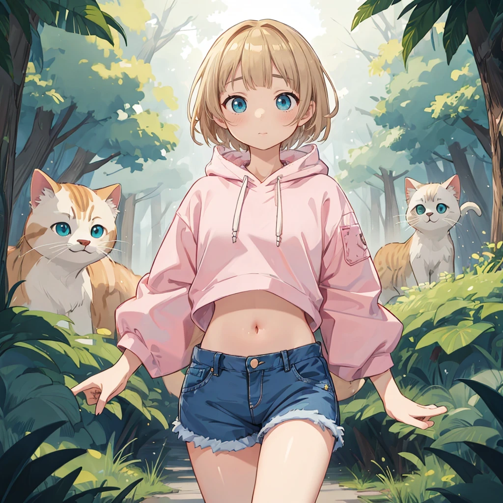 ファンタジーアート 8K,
Plain pink hoodie、afternoon, Highest quality, Trending on Art Station,Wolf Woman,White hairy,blue eyes,Looking into the camera,Quadrupedal,Calm,quiet,Highest quality, masterpiece, Ultra-high resolution, Forest in the background, 8K, (Light and shadow effects), (Depth of Field Effect).Blonde Hair、Short Hair、Pink hoodie、Denim shorts、Cat-eared girl、Turquoise Eyes、Dynamic composition、Belly button