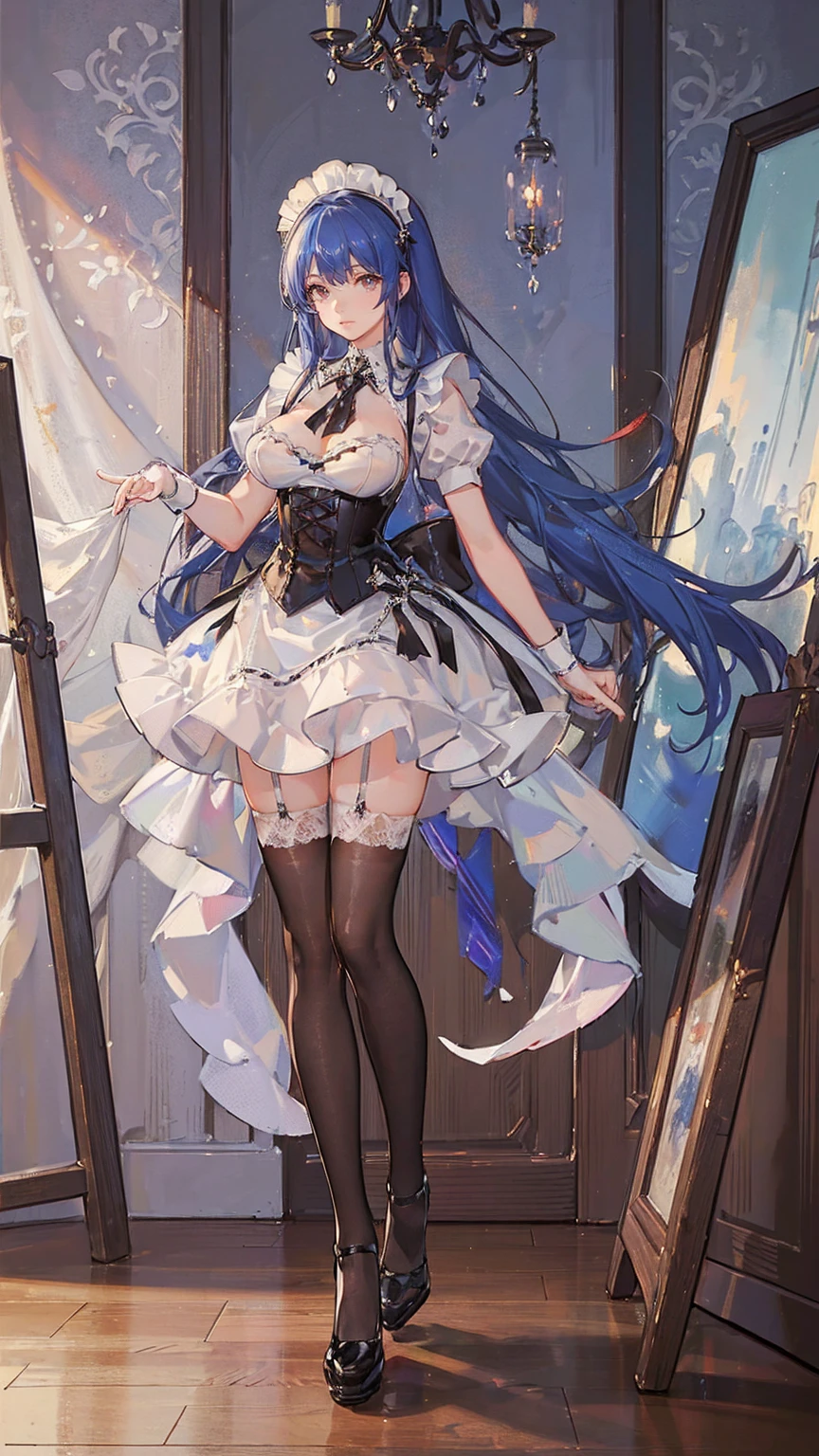 8k, (best quality, masterpiece:1.7), (full body:1.5), (huge breasts:1.2), very long hair, white thighhighs, high heels, (maid dress:1.4), corset, garter belts, blue hair, tall girl,
