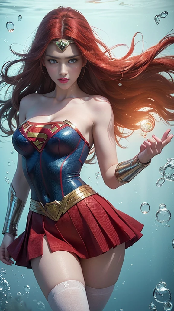 (Best quality,A high resolution,Ultra Detailed,Practical), She has the face of Amber Heard Wonder Woman ,(Long red hair), (Ultra HD, 8k wallpaper, high resolution), light, Physically Based Rendering, Grant, Extremely delicate skin, The face is particularly detailed, Underwear tights , Normal breast, ella porta un uniforme de Super Girl super man, Carl Zeiss 85mm F/1.4,, (Underwater color:1.4) ,(Beautiful blue eyes), (Cowboy pose ), (Practical) ,High-quality 8K detailed art, Best ArtStation Fan Art, Fantasy art style , (Super Girl:1.4), (fish on the bottom of the sea ), (Amber HEARD de Super Girl:1.4), (underwater bubbles:1.4) ,(Long red hair:1.4), (Red hair) ,(Super Girl:1.4), (Red mini skirt:1.4), (Ragged red shirt:1.4),  (Background crystal giant white quartz:1.5) ,(White quartz crystal) ,(Convex, Detailed fingers), (uniforme white Super Girl ),  (White grey long hair:1.4) 