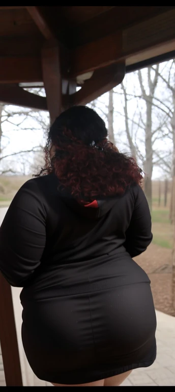 there are two people standing under a shelter talking to each other, photo still of behind view, shot from the back, view from the back, seen from the back, back of the hair, from the back, wearing a black hoodie, with curly red hair, facing away from camera, long dark curly hair, over the shoulder view, in a black hoodie, beautiful girl, big ass, huge ass, bbw, from behind, thick, thick thighs, wide hips, bbw, big , sideboob, giant ass, back view, big butt, round butt, tight underwear, underwear halfway off, underwear taking off, grabbing ass, ass spilling over underwear, too thick for clothes, looking left, leftwards, latina, from behind, tall girl