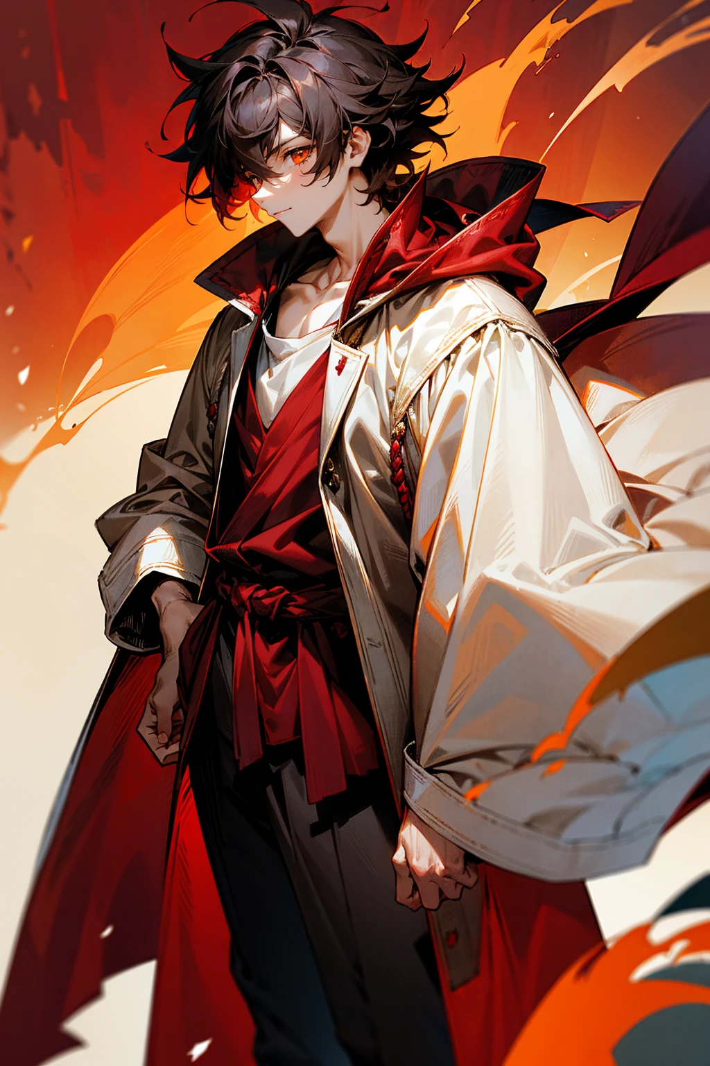 1male , Messy Hair , Low Cut , Black Hair , Sanguine Eyes , Adult Male , Fire Background , Fire Aura , Perfect Generation , Masterpiece Quality , White and Burgundy Baggy Varsity Jacket , White and Red Cap , White Cape Over Cloak , Cowl , Layered Clothing , Standing On a Mountain Top , Cave Background , Standing Infront Of Cave