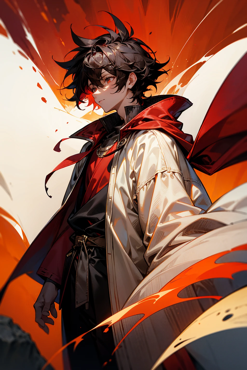 1male , Messy Hair , Low Cut , Black Hair , Sanguine Eyes , Adult Male , Fire Background , Fire Aura , Perfect Generation , Masterpiece Quality , White and Burgundy Baggy Varsity Jacket , White and Red Cap , White Cape Over Cloak , Cowl , Layered Clothing , Standing On a Mountain Top , Cave Background , Standing Infront Of Cave