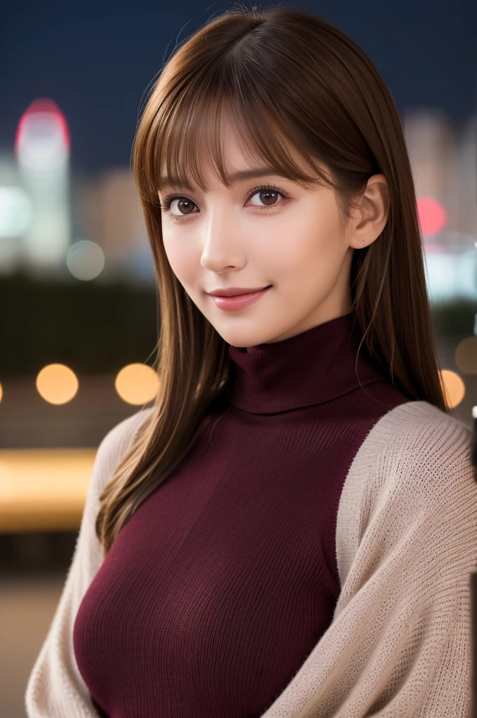 30 year old beauty, (Lightweight burgundy turtleneck sweater), RAW Photos, Highest quality, Realistic, Very delicate and beautiful, Very detailed, 8k wallpaper, High resolution, Soft Light, Very detailed目と顔, Beautiful and detailed nose, Fine and beautiful eyes, Cinema Lighting, City lights at night, Perfect Anatomy, Slender body, Shapely breasts, Straight hair, smile, Asymmetrical bangs, Light brown hair