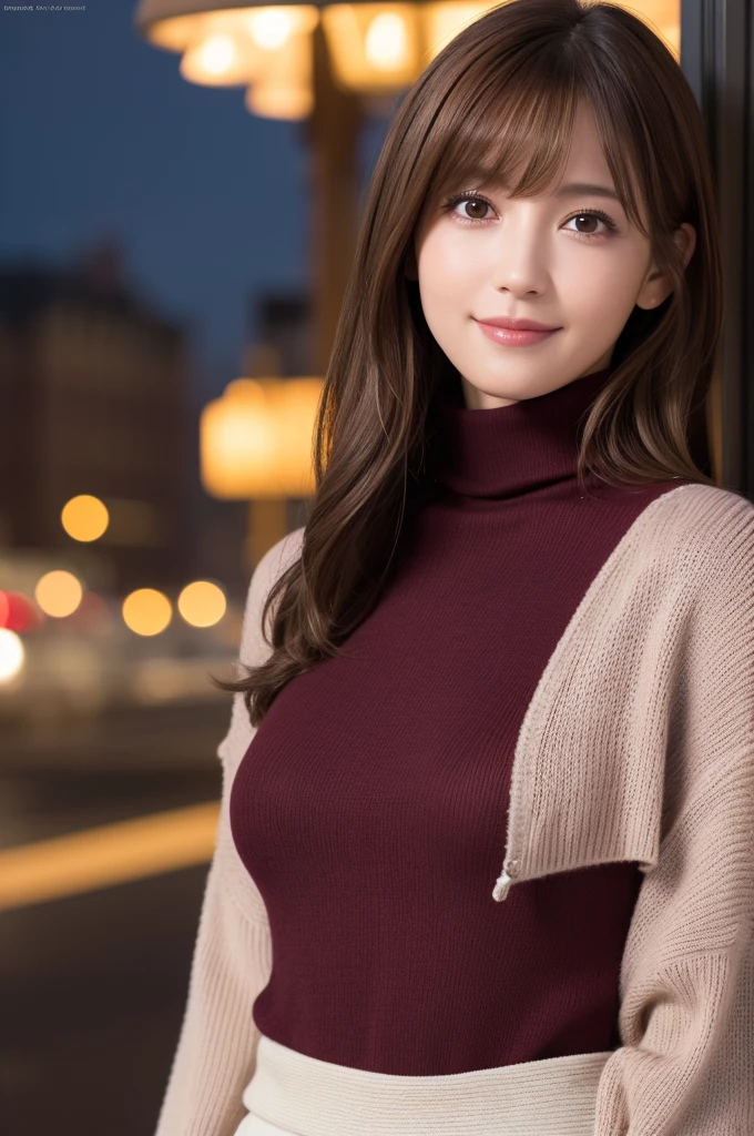 30 year old beauty, (Lightweight burgundy turtleneck sweater), RAW Photos, Highest quality, Realistic, Very delicate and beautiful, Very detailed, 8k wallpaper, High resolution, Soft Light, Very detailed目と顔, Beautiful and detailed nose, Fine and beautiful eyes, Cinema Lighting, City lights at night, Perfect Anatomy, Slender body, Shapely breasts, Straight hair, smile, Asymmetrical bangs, Light brown hair