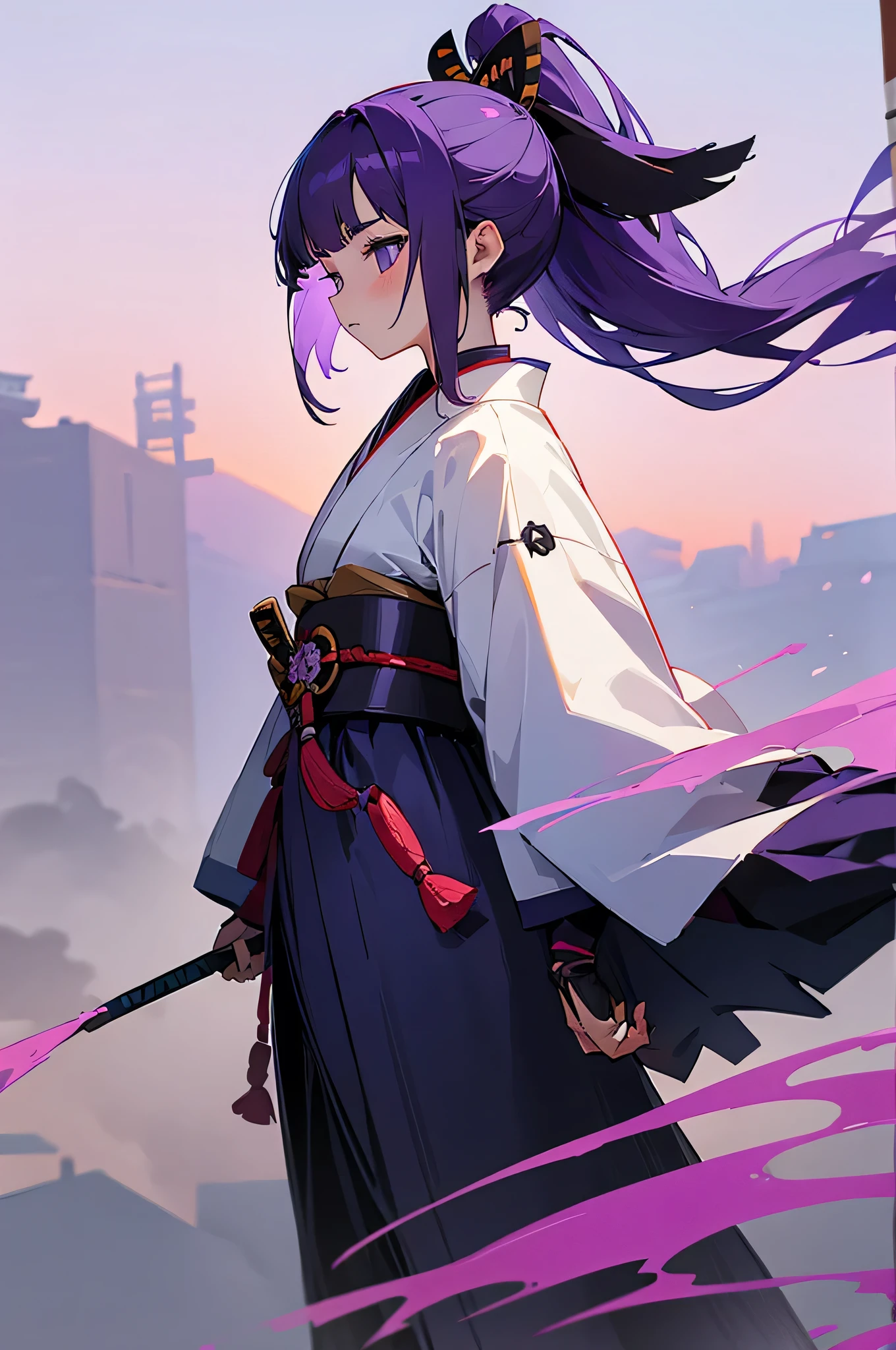 Teen , Female, samurai Clothing, Standing pose, Town background, Purple hair