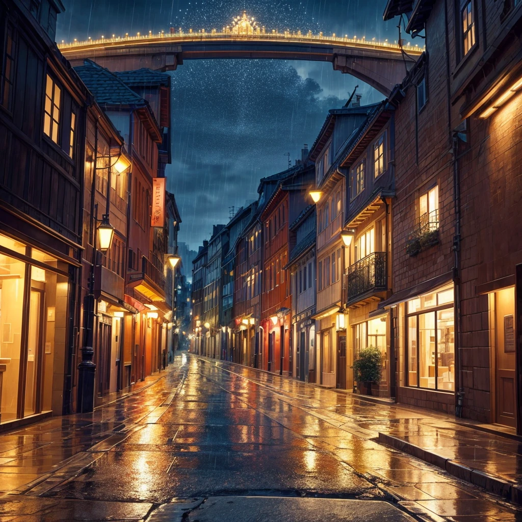 Generate an image of the most beautiful streets that you can, make it look very beautiful, make it more detailed and beautiful, add the best lighting that you can, make it very beautiful and well lit, make it rainy and beautiful lighting, make it very rainy and make the image of streets, make the streets longer add better lighting
