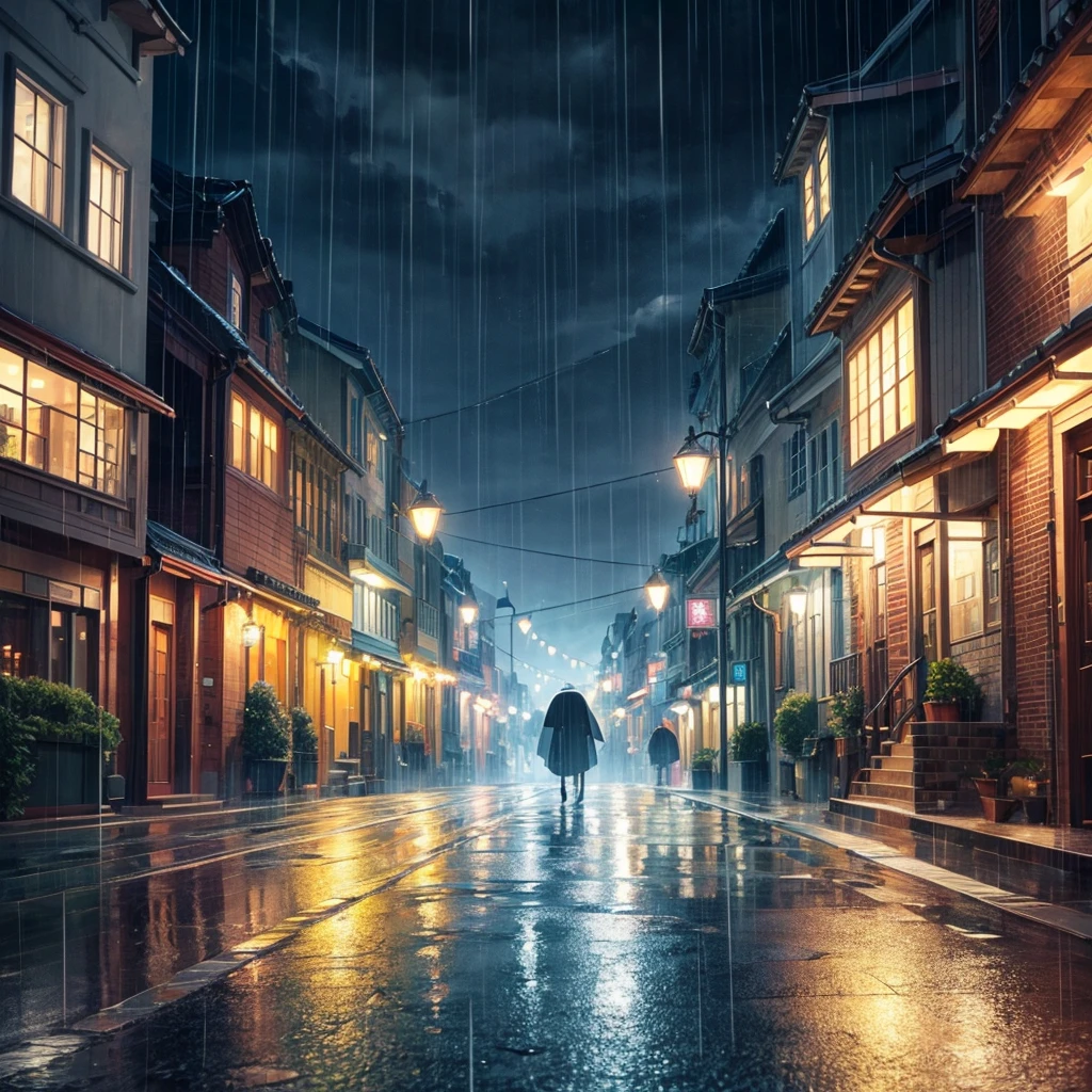 Generate an image of the most beautiful streets that you can, make it look very beautiful, make it more detailed and beautiful, add the best lighting that you can, make it very beautiful and well lit, make it rainy and beautiful lighting, make it very rainy and make the image of streets, make the streets longer add better lighting 