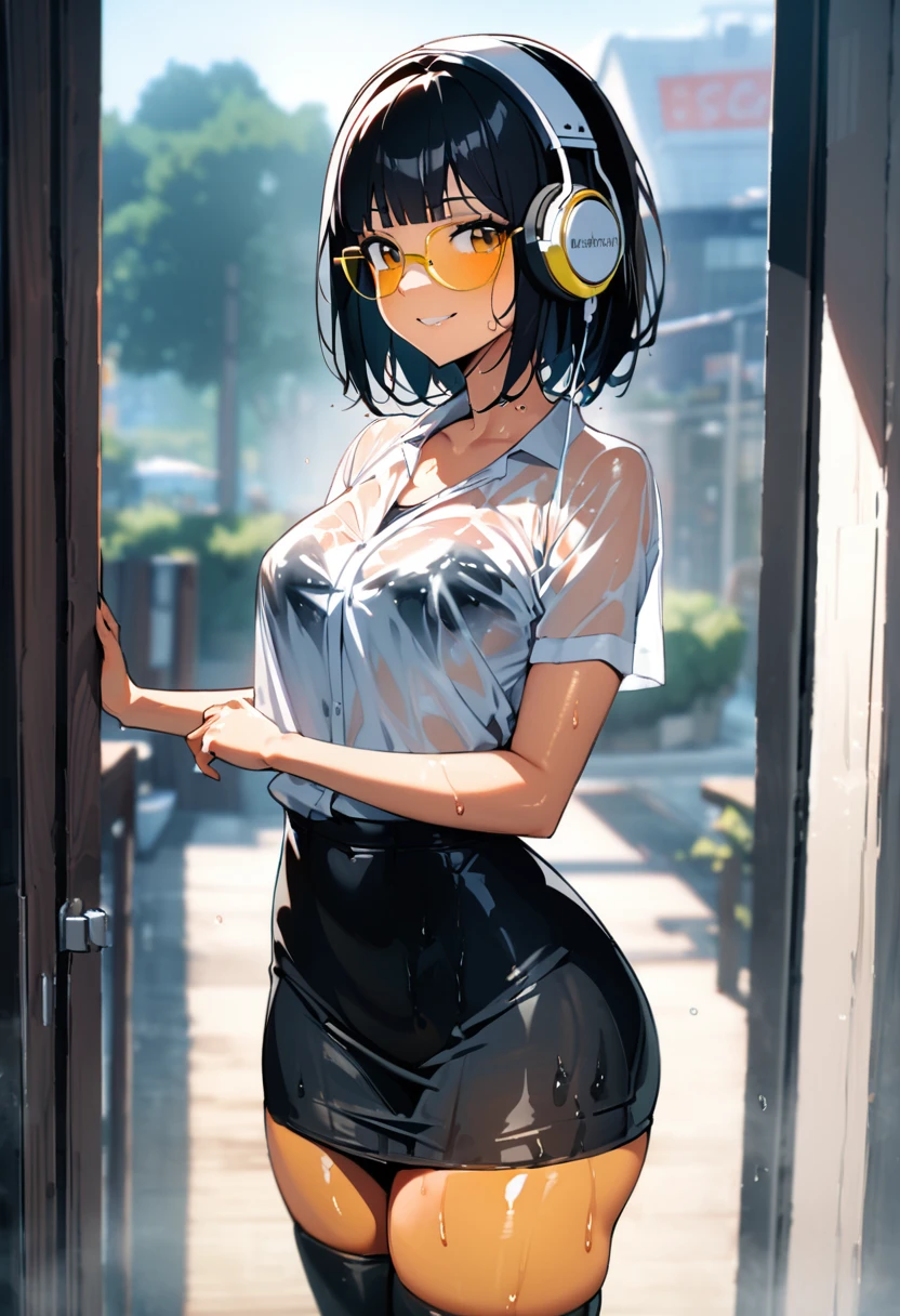 ((top-quality)), ((masterpiece)), ((ultra-detailliert)), (extremely delicate and beautiful),1 girl, smile, (((yellow glasses:1.3))), (headphone:1.2), shiny hair, black short hair, blunt bangs, lustrous skin, standing, short sleeves, (beautiful see through white shirt), sweat skin, skirt, Japan high school , seravuk, summer clothes, squall-wet uniform,
