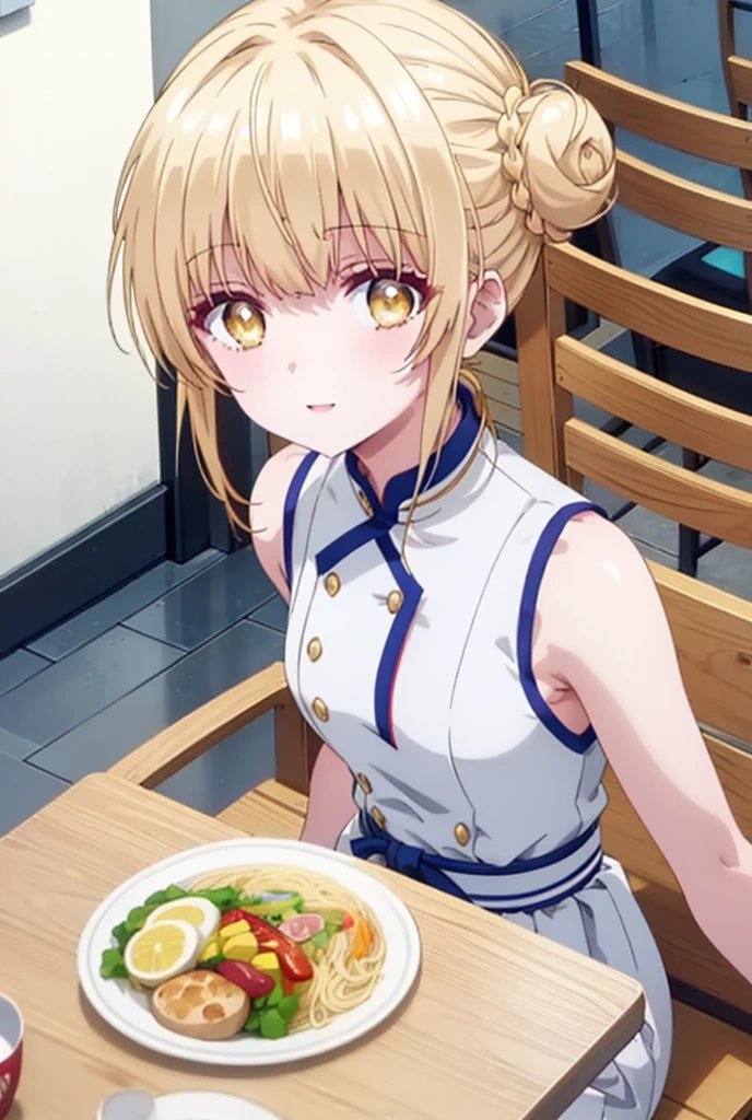 mahirushiina, Mahiru Shiina, bangs, Blonde, Brown Hair, (Yellow Eyes:1.3), Hair Bun, double Hair Bun,happy smile, smile, Open your mouth,Sleeveless china clothing,Long slit,Stiletto heels, Tables and chairs, Tray Ramen,トレイ in one hand,whole bodyがイラストに入るように,
break outdoors,中国風レストラン
break looking at viewer,whole body,
break (masterpiece:1.2), Highest quality, High resolution, unity 8k wallpaper, (shape:0.8), (Fine and beautiful eyes:1.6), Highly detailed face, Perfect lighting, Highly detailed CG, (Perfect hands, Perfect Anatomy),