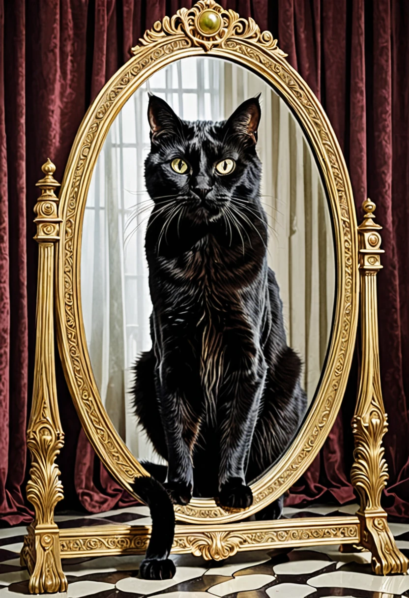 The mystical cat Behemoth emerges from the mirror from Mikhail Bulgakov&#39;s novel The Master and Margarita