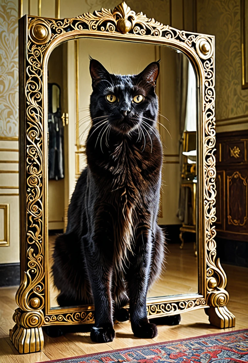 The mystical cat Behemoth emerges from the mirror from Mikhail Bulgakov&#39;s novel The Master and Margarita