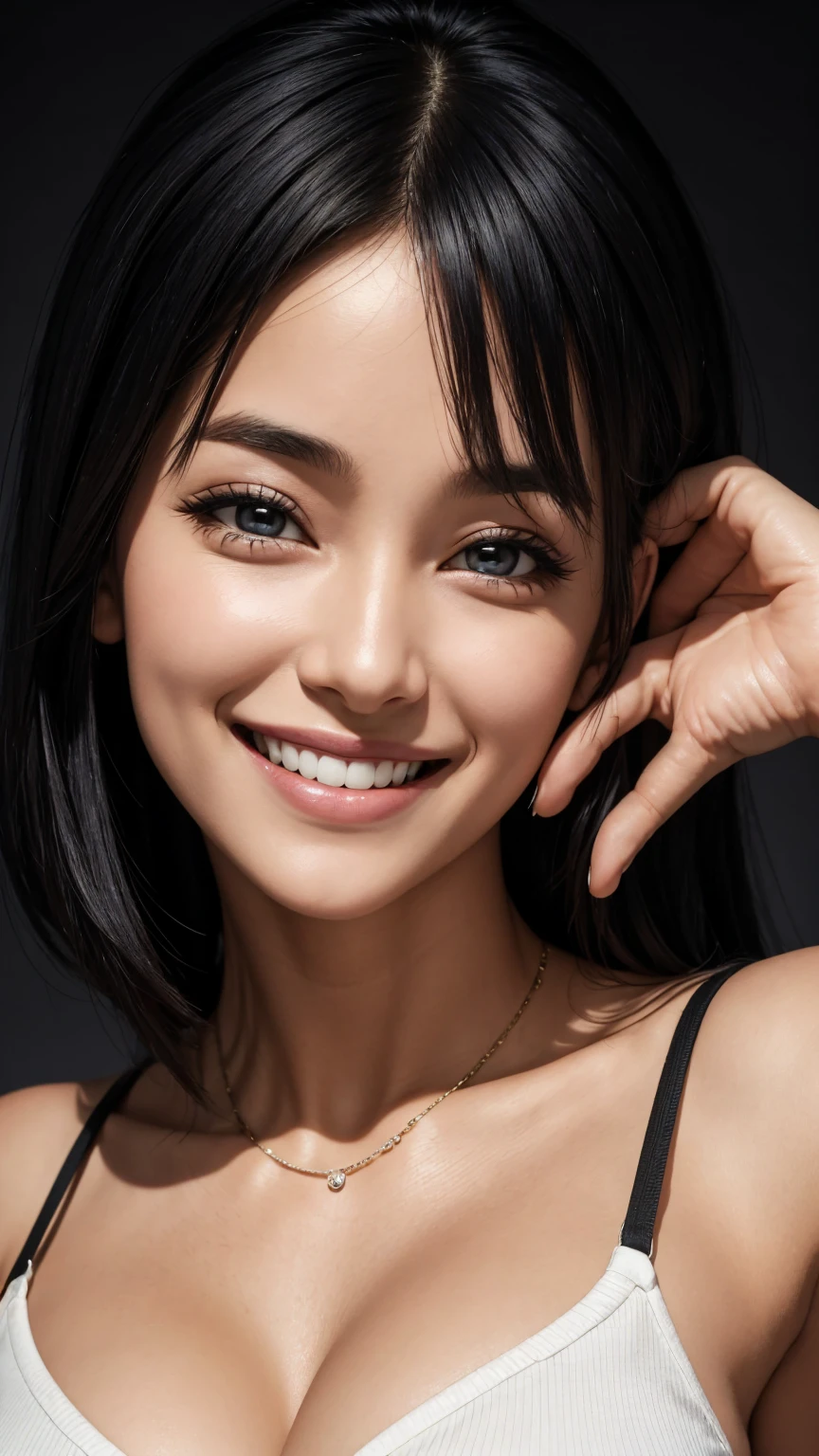30-year-old woman, Chest Shot, Iris, Black Hair, Warm Background, Grin