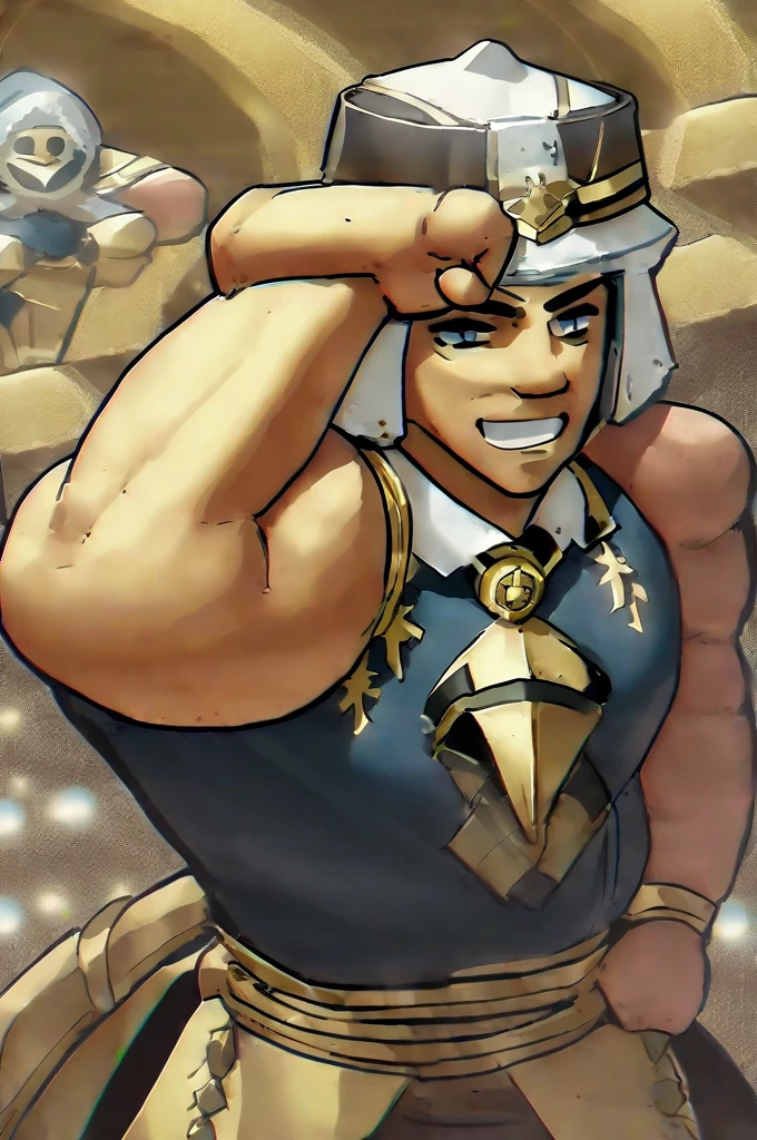 ((Лучшее качество)), ((шедевр)), (подробный), hellsing artstyle tanned futanari warrior wearing helmet flexing