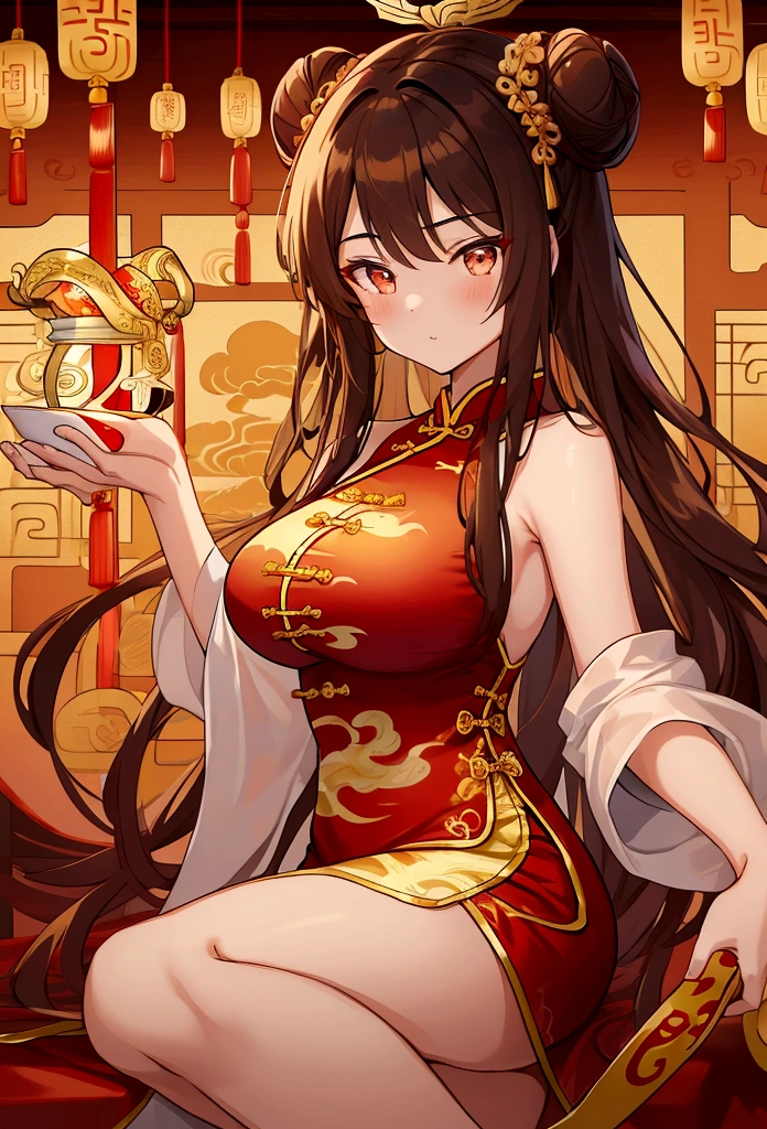 Huge Chinese martial artist girl.long brown hair in hime-cut style, which she ties in Chinese-style twin-buns using white ribbons . Golden eyes. fair-complexion and has a hourglass figure with moderate bust-size.sleeveless-strapless dark red long cheongsam with golden chinese dragon drawn on it.