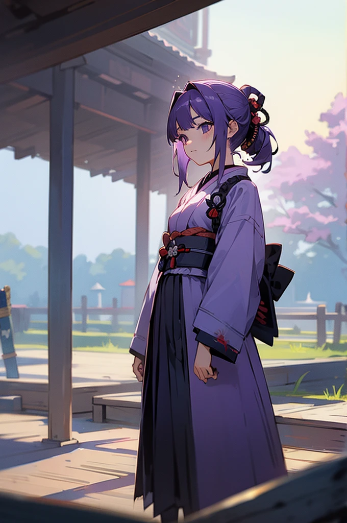 Teen , Female, samurai Clothing, Standing pose, Town background, Purple hair