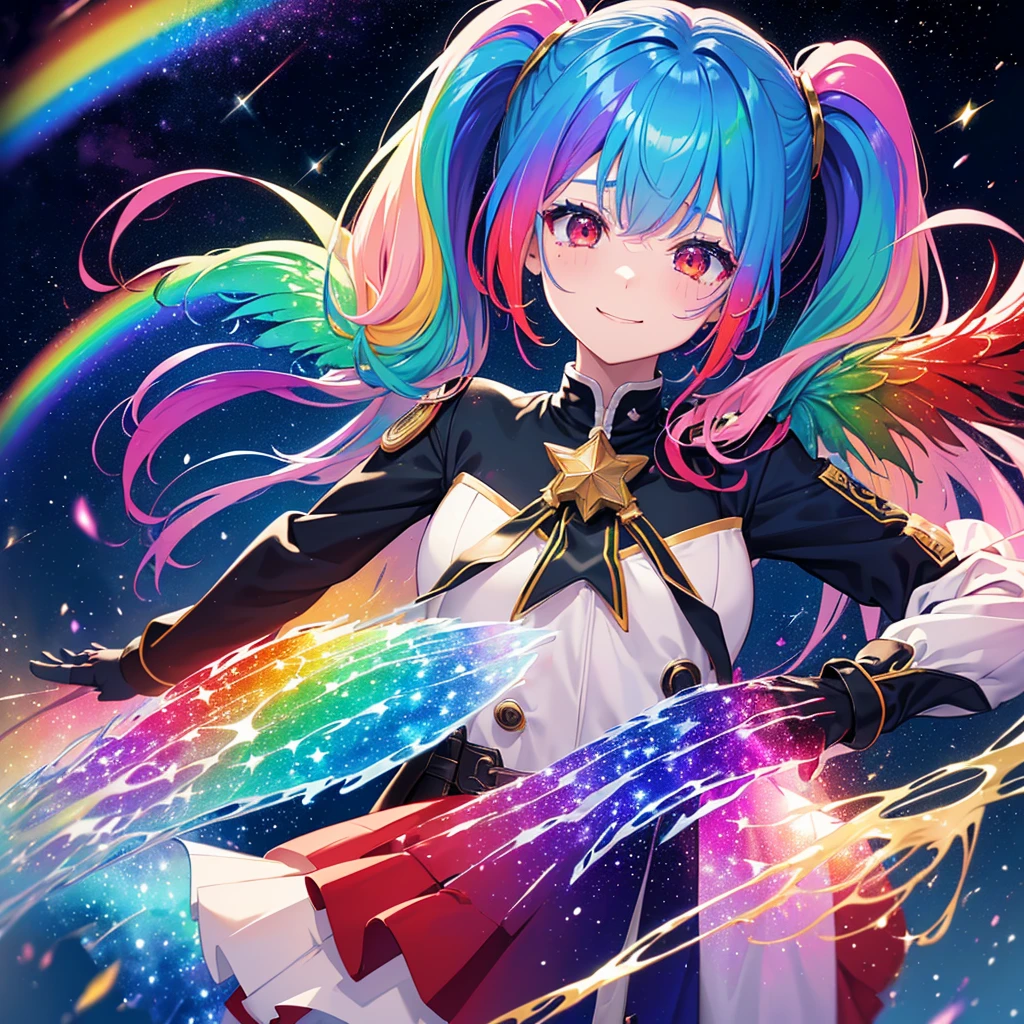((Fantasy Rainbow Hair Make your hair rainbow-colored on the inside Twin tails Dull red eyes Have a galaxy uniform Put on a coat without putting your arms through it Wings many times larger than me Lonely Smiling Kindly)) ((Tears gloves)) (Broken glass Distorted Space-Time star) Catch the wind fall Shining Background Particles of light, rainbow-colored edges