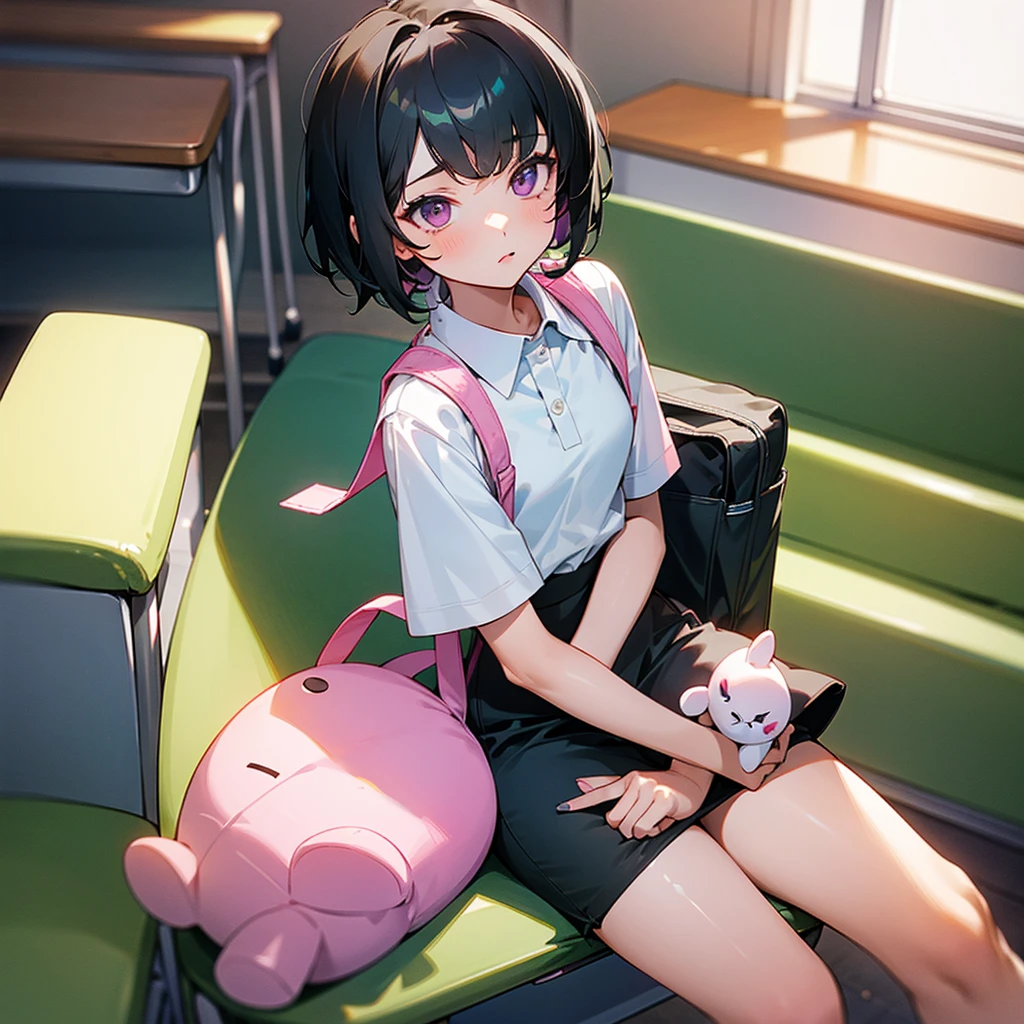 A girl, short black hair, dark eyes, wearing white shirt, green long pencil skirt ankle-length, a pink backpack with a tiny plushie, sitting on the seat, in the classroom 