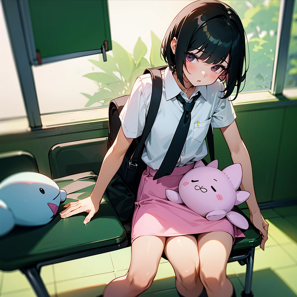 A girl, short black hair, dark eyes, wearing white shirt, green long pencil skirt ankle-length, a pink backpack with a tiny plushie, sitting on the seat, in the classroom