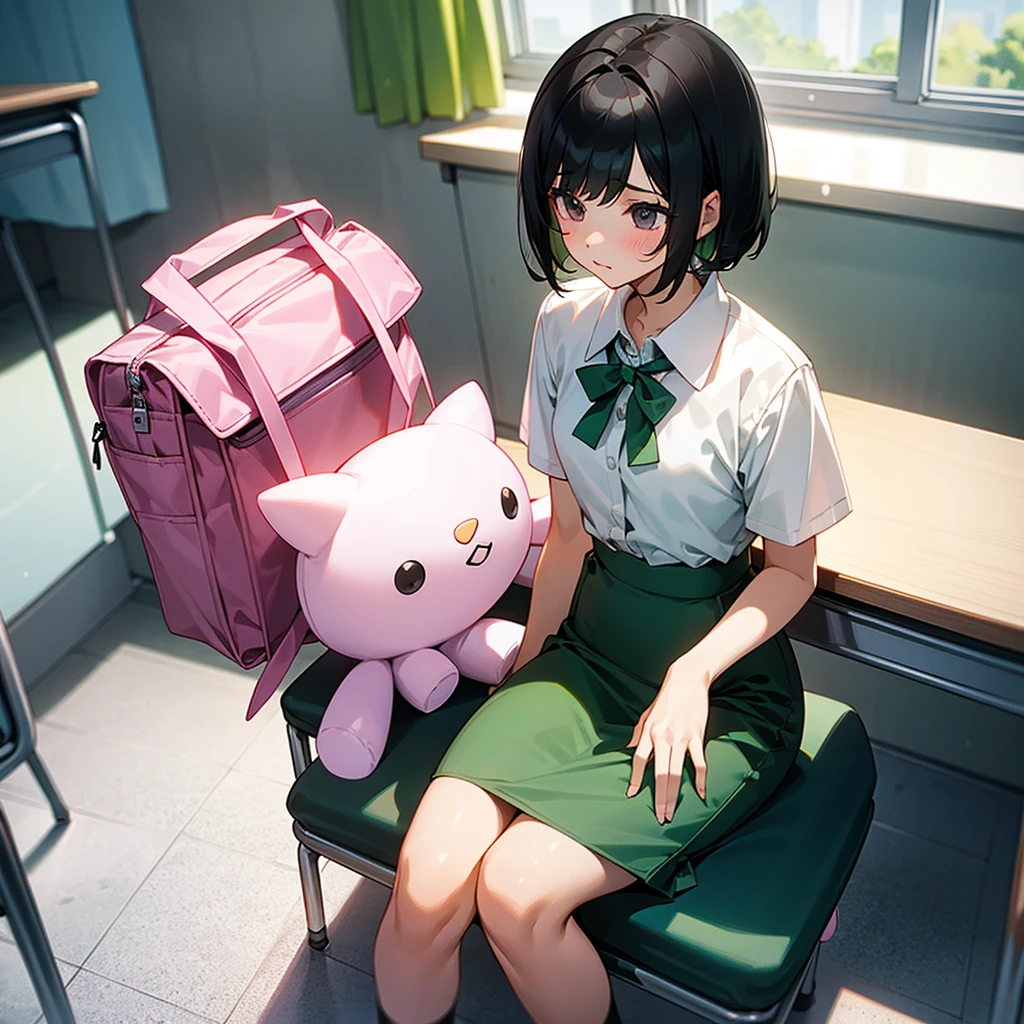 A girl, short black hair, dark eyes, wearing white shirt, green long pencil skirt ankle-length, a pink backpack with a tiny plushie, sitting on the seat, in the classroom 
