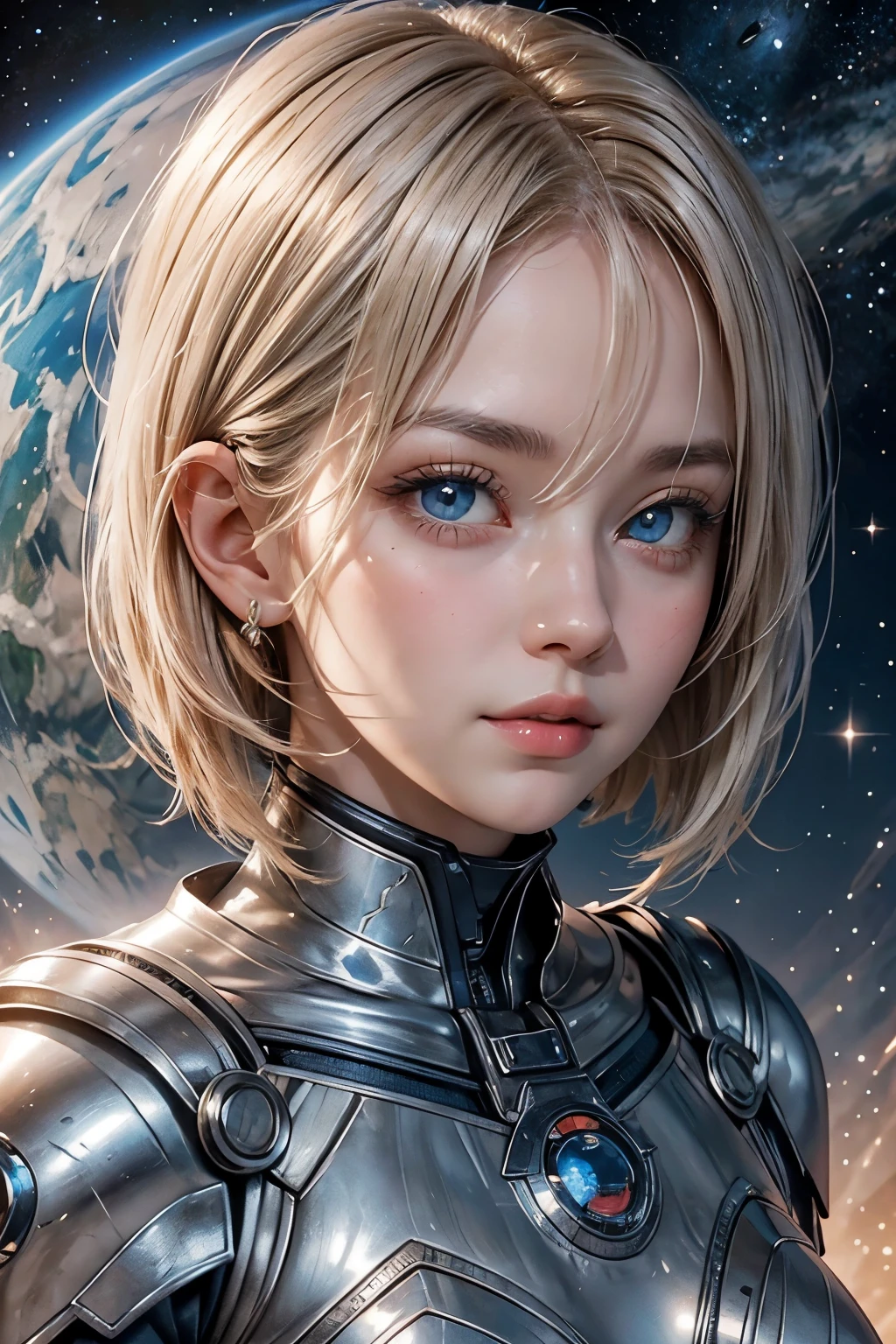 A beautiful woman. cute woman. Blonde, blue-eyed, short hair. Beautiful double eyes. The bridge of my nose. Well-shaped lips. eighteen. She is looking at the camera with a defiant expression. She wears beautiful silver-white armor. Behind her is an image of outer space and a string of planets.