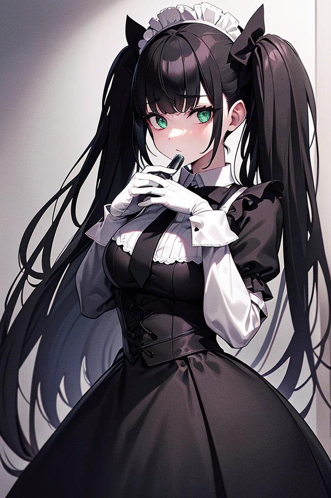 Content:
A woman in a black and white dress, holding a glass. She has black hair styled in twin tails and green eyes. She is wearing a maid costume with white gloves, and her pose is creepy and unsettling.

Medium:
Digital art, anime illustration.

Style:
Gapmoe yandere grimdark, gothic maiden anime girl. Inspired by dark and eerie anime aesthetics, with a focus on contrast between the cute maid outfit and her sinister demeanor.

Lighting:
Dramatic and moody lighting, with strong shadows to enhance the creepy and gothic atmosphere. Subtle highlights to emphasize her facial features and the details of her outfit.

Colours:
A dark palette dominated by black, white, and subtle greens. The black hair and green eyes contrast with the white details of her maid costume and gloves.

Composition:
A mid-shot focusing on the woman's upper body, with her holding the glass in one hand and a creepy, unsettling pose. The background is dark and gothic, enhancing the grimdark feel of the image. The details of the maid outfit, including the white gloves and twin tails, are highlighted to draw attention to her sinister appearance.