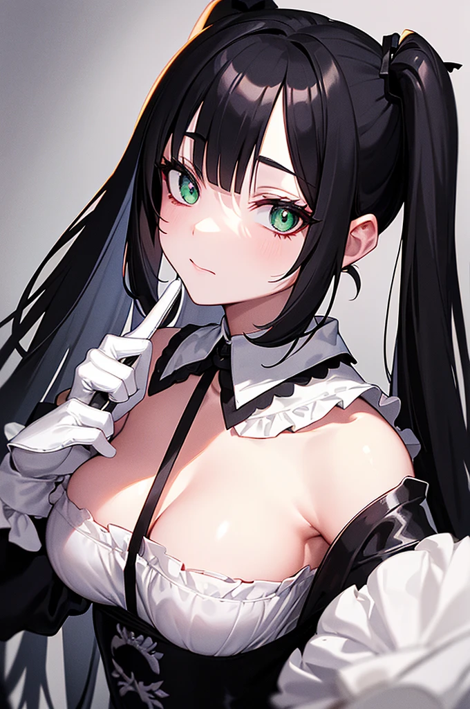 Content:
A woman in a black and white dress, holding a glass. She has black hair styled in twin tails and green eyes. She is wearing a maid costume with white gloves, and her pose is creepy and unsettling.

Medium:
Digital art, anime illustration.

Style:
Gapmoe yandere grimdark, gothic maiden anime girl. Inspired by dark and eerie anime aesthetics, with a focus on contrast between the cute maid outfit and her sinister demeanor.

Lighting:
Dramatic and moody lighting, with strong shadows to enhance the creepy and gothic atmosphere. Subtle highlights to emphasize her facial features and the details of her outfit.

Colours:
A dark palette dominated by black, white, and subtle greens. The black hair and green eyes contrast with the white details of her maid costume and gloves.

Composition:
A mid-shot focusing on the woman's upper body, with her holding the glass in one hand and a creepy, unsettling pose. The background is dark and gothic, enhancing the grimdark feel of the image. The details of the maid outfit, including the white gloves and twin tails, are highlighted to draw attention to her sinister appearance.